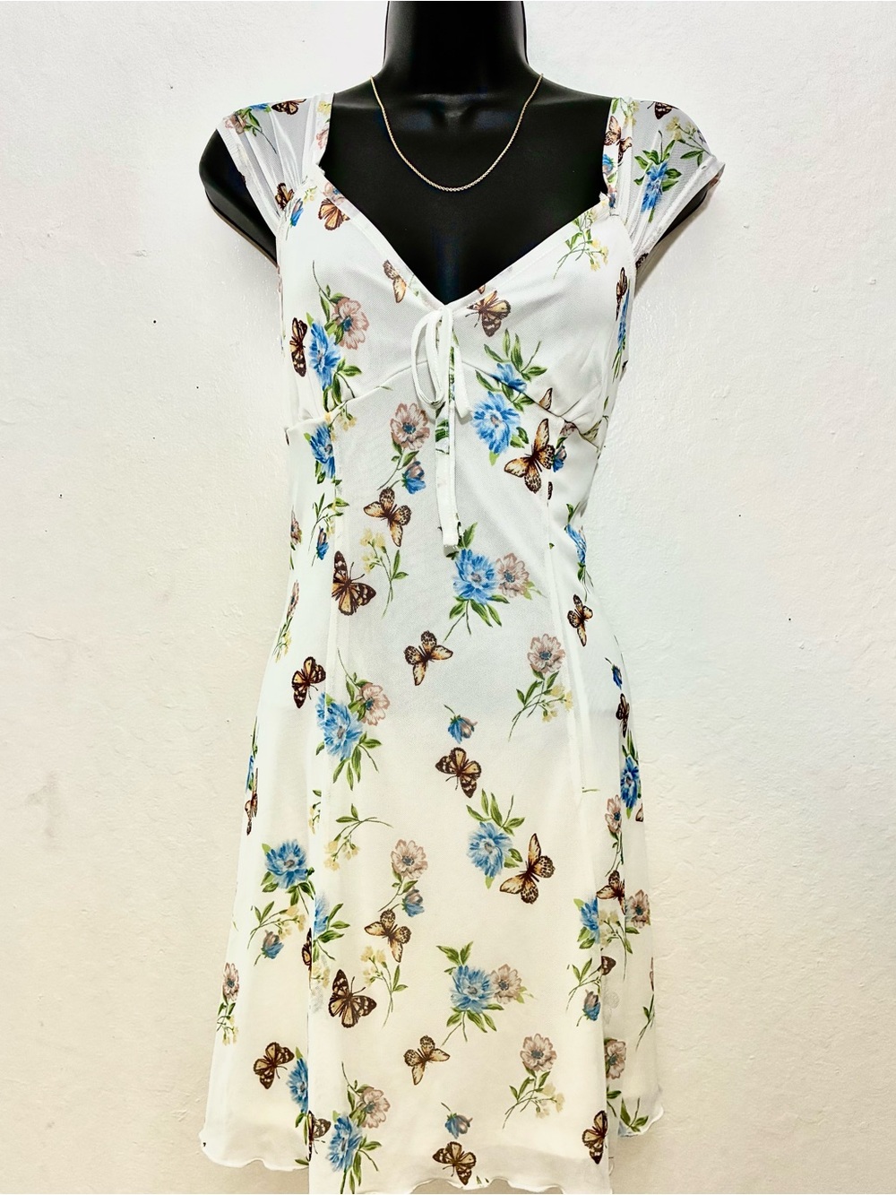 Tie-Front Floral Midi Dress in White with Blue Accents